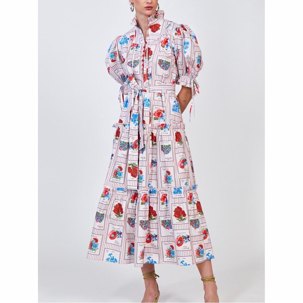 Hunter Bell Holloway Midi Dress Floral Garden Flowers Seed Packet Stripe Belt M